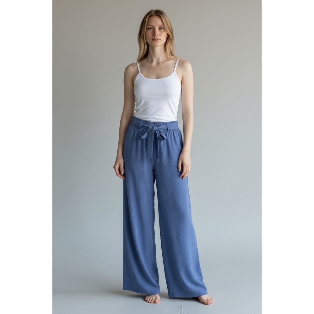 NYCC New York Clothing Co Blue Textured Wide Leg‎ Pants Tie Waist Large